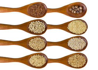 collection of grains in wooden spoon