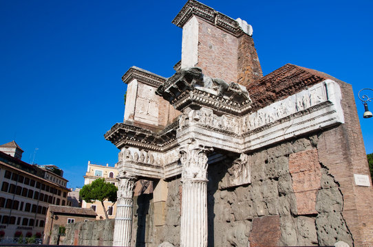 Remains of the peristyle of the Temple of Minerva. Rome, Italy.