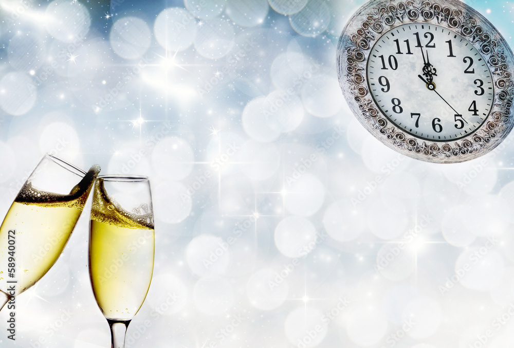 Canvas Prints champagne glasses and clock at midnight