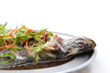 Snapper fish with soy sauce is steamed