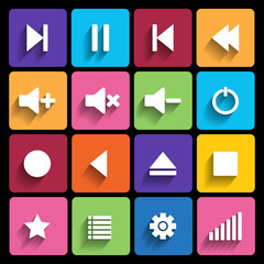 Set of media player buttons in flat design style.