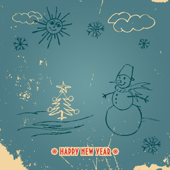 Fototapeta na wymiar Happy New Year doodle vintage card