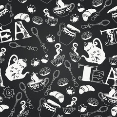 Tea and sweets seamless doodle pattern