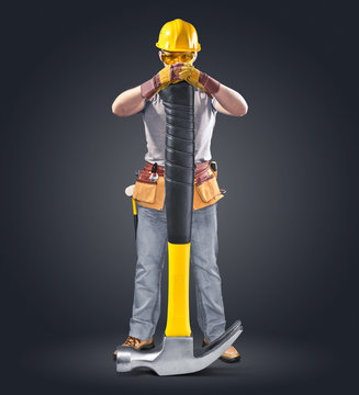 construction worker in helmet with tool and hammer