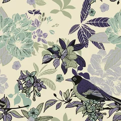 Velvet curtains Beige Silk flowers and birds seamless pattern