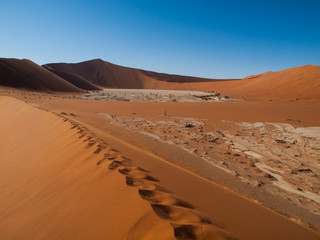 Fototapeta na wymiar Footprints in the sand of Namib desert red dunes
