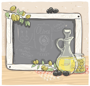 Illustration Of Olives And A Bottle Of Olive Oil With Chalk Boar