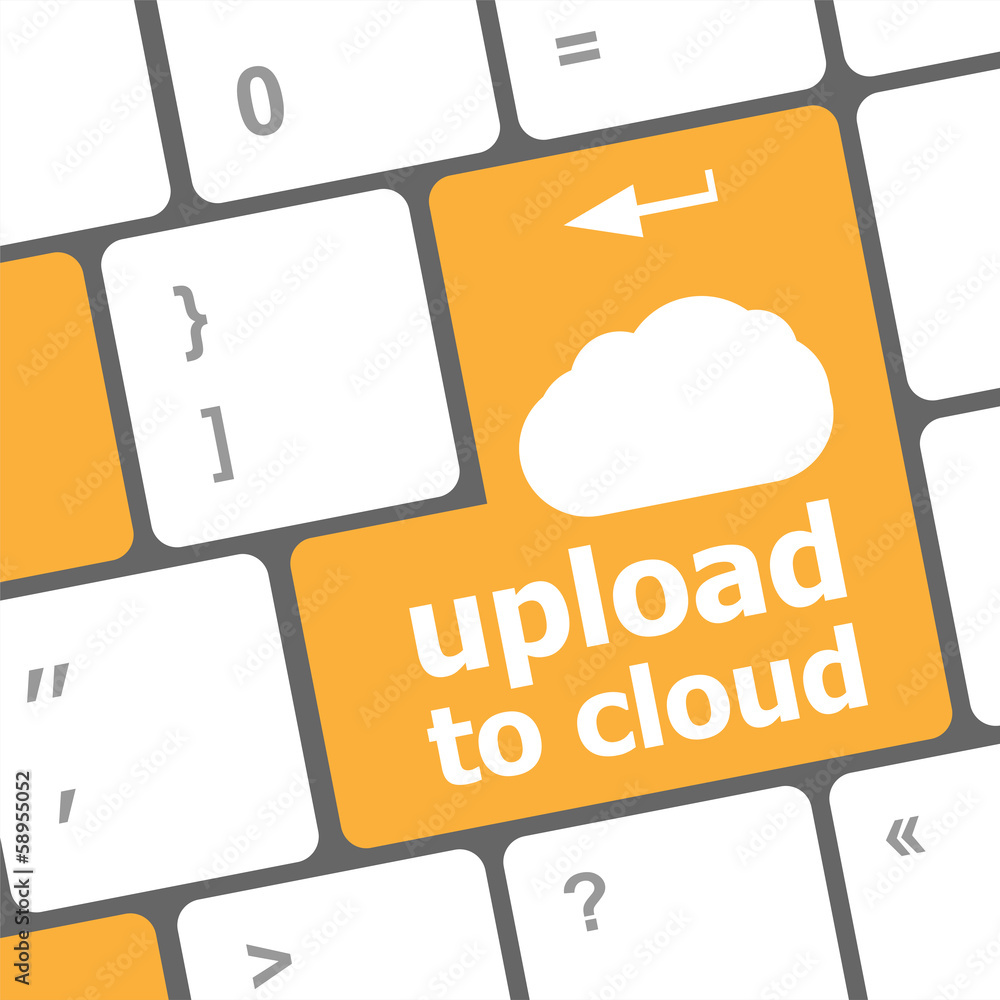 Poster upload to cloud, computer keyboard for cloud computing