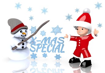 christmas special sign presented by snowman and Santa claus