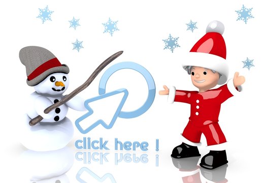click here sign presented by snowman and Santa claus