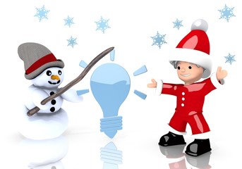 idea sign presented by snowman and Santa claus