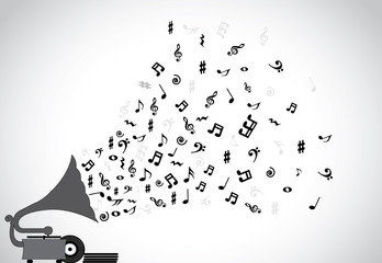 Gramophone silhouette playing music notes concept musical art