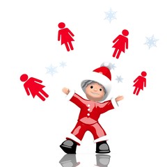 mini santa claus juggles woman label