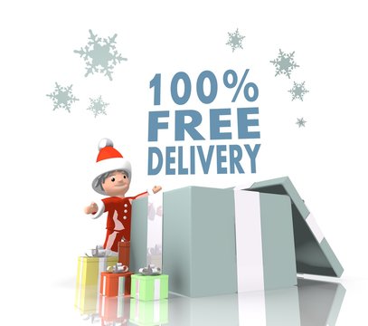 santa claus with gift and 100 percent free delivery sign