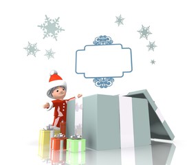 santa claus with gift and curlicue label sign