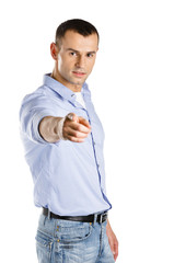 Man pointing with forefinger, isolated on white