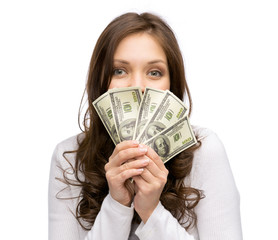 Portrait of happy woman handing money, isolated 