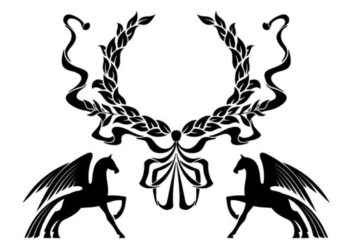 Winged horses with laurel wreath