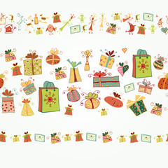 Christmas border with gift boxes and icon