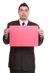 Funny man holding red sign empty board isolated