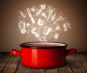 cooking icons coming out from cooking pot