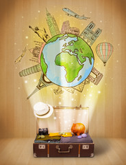 Luggage with travel around the world illustration concept