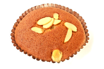 A slice of banana cake on white background