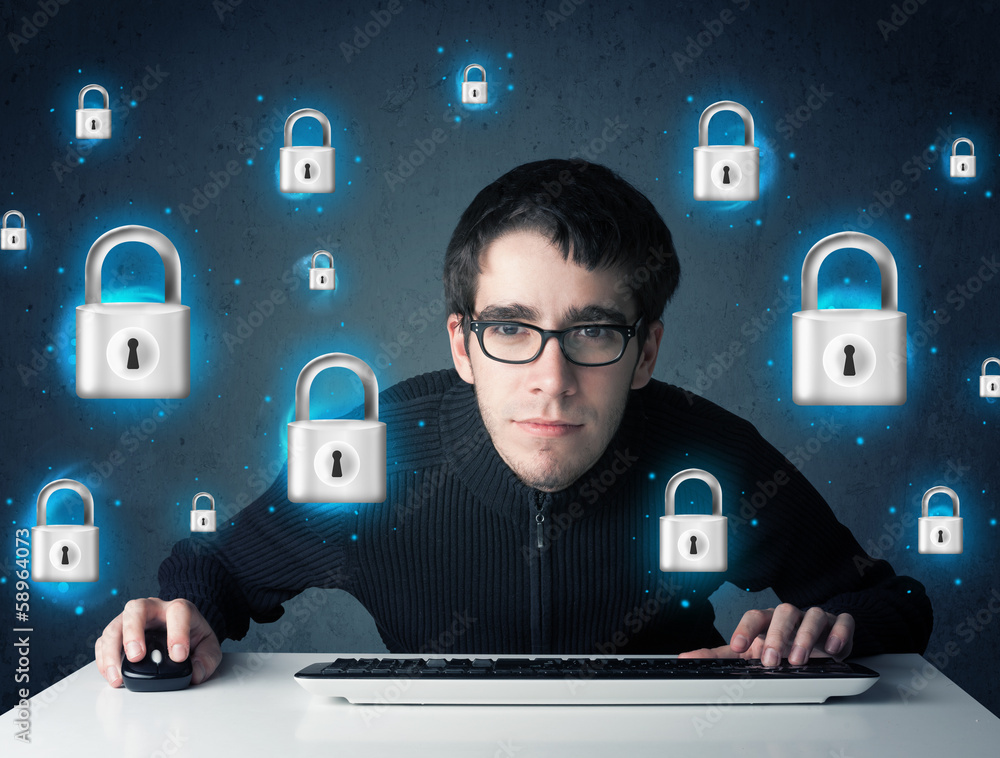 Poster young hacker with virtual lock symbols and icons