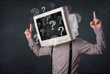 Businessman with a computer monitor head and question marks