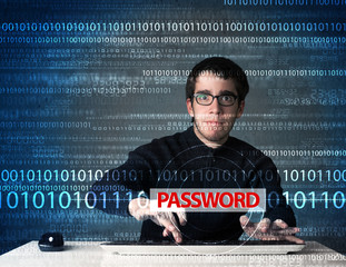 Young geek hacker stealing password