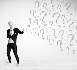 3d human character is body suit looking at hand drawn question m