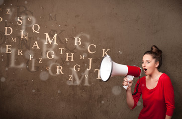 Young girl shouting into megaphone and text come out