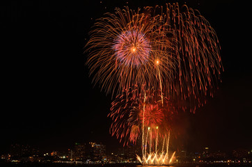 Night view of the fireworks at Pattaya city, Thailand