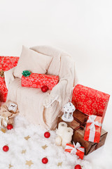 Pile of colorful gifts boxes isolated on white
