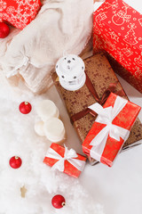 Pile of colorful gifts boxes isolated on white