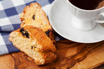 Traditional Italian cantuccini cookies and cup of coffee