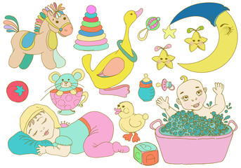 Children set with toys and baby
