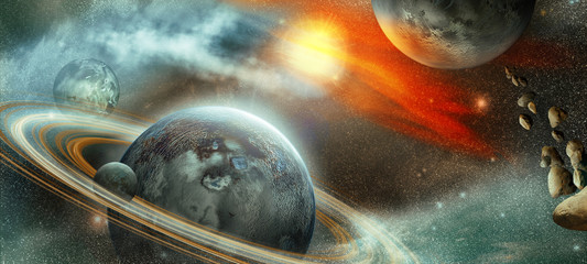 Fototapeta planet with rings and satellite obraz