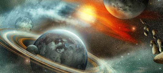 Foto op Canvas planeet met ringen en satelliet © dracozlat