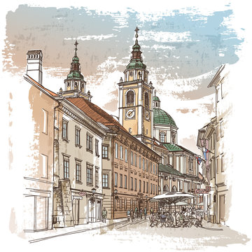 Fototapeta Wektorowy rysunek środkowa ulica stary europejski miasteczko