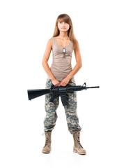 Soldier young beautiful girl dressed in a camouflage with a gun