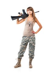 Soldier young beautiful girl dressed in a camouflage with a gun