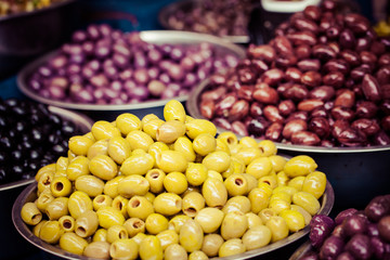 Assortment of olives on market,Tel Aviv,Israel