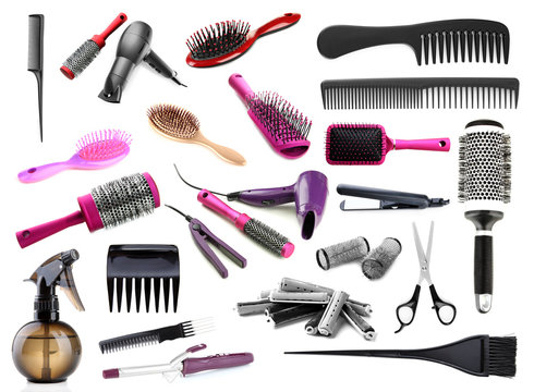Collage of hairdressing tools isolated on white