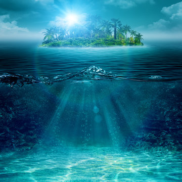 Alone island in ocean, abstract environmental backgrounds