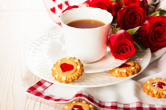 tea cup with cookies for Valentine's day