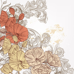 Fashion floral background with hand drawn poppy flowers