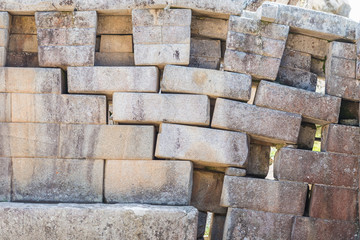 erosion main temple wall Machu Picchu ruins peruvian Andes  Cuzc