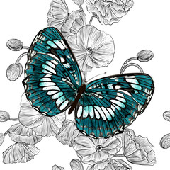 Floral vector seamless wallpaper pattern with poppy flowers and