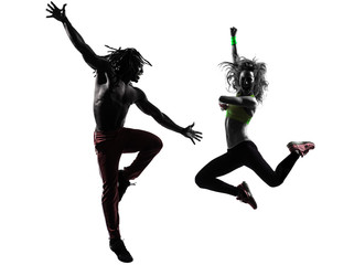 couple man and woman exercising fitness zumba dancing silhouette